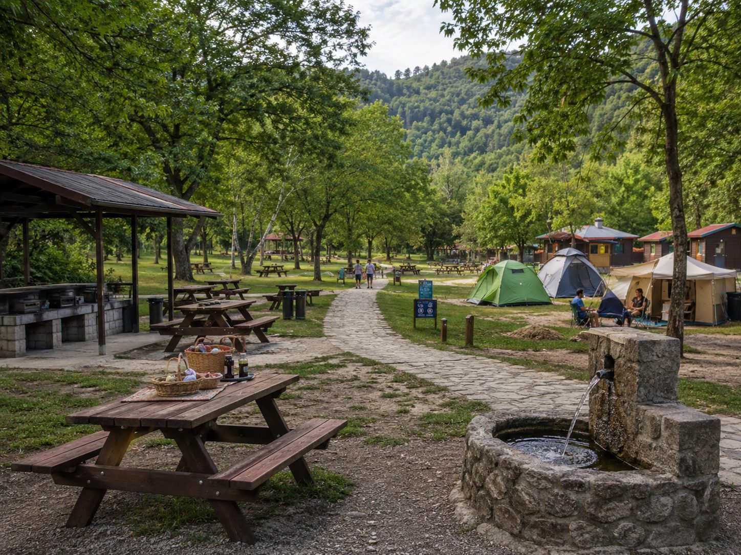 Area attrezzata con barbecue in pietra, tavoli e panche nel bosco