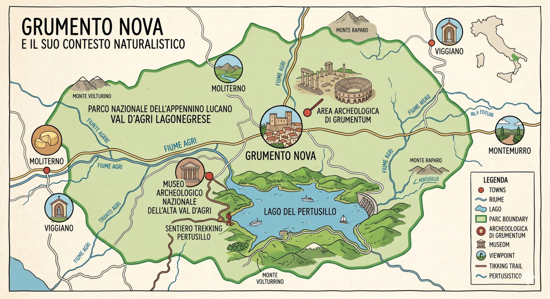 Mappa illustrata di Grumento Nova: Parco Nazionale, Lago del Pertusillo, Grumentum e Val d'Agri