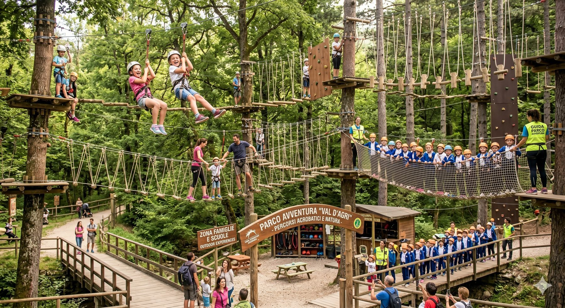 Parco avventura tra gli alberi con percorsi sospesi